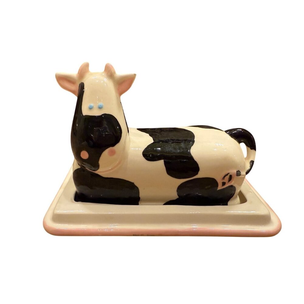 Vintage Ceramic Cow Butter Dish With Black & White Design